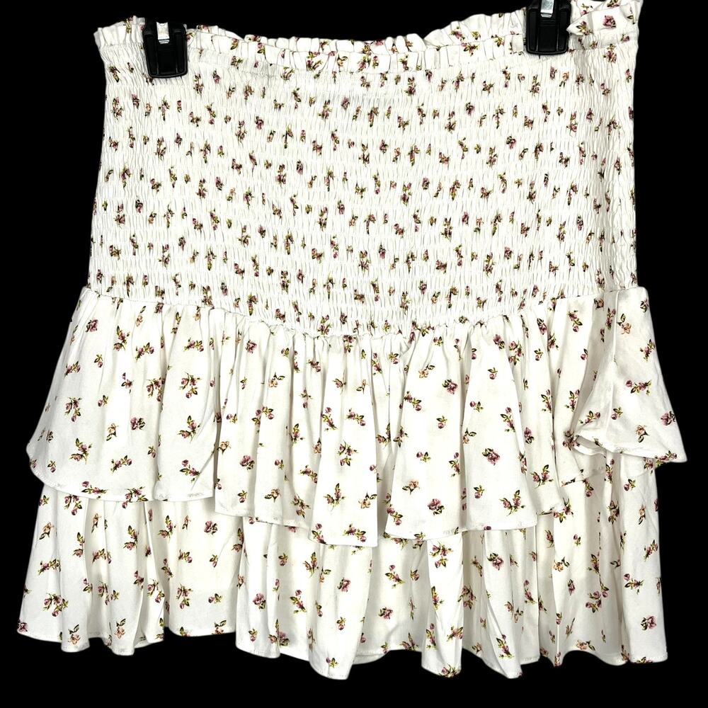 Short Skirt White with Pink flowers Tiered Ruffles Boho Womens Size Large